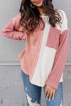 Load image into Gallery viewer, Peach Blossom Long Sleeve Colorblock Chest Pocket Textured Knit Top