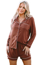 Load image into Gallery viewer, Brown Contrast Pipings Long Sleeve Shorts Pajamas Set
