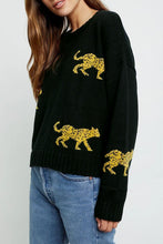 Load image into Gallery viewer, Black Cheetah Pattern Knit Round Neck Sweater