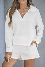 Load image into Gallery viewer, White Ribbed Zipper Sweatshirt and High Waist Shorts Set