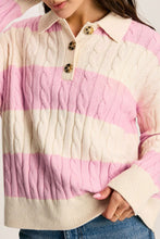 Load image into Gallery viewer, Pink Stripe Cable Knit Collared Henley Sweater