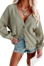 Load image into Gallery viewer, Green Exposed Seam Buttons Front Waffle Knit Cardigan
