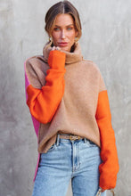 Load image into Gallery viewer, Khaki Color Block Turtle Neck Drop Shoulder Knit Sweater