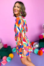 Load image into Gallery viewer, Multicolor Abstract Printed Belted Puff Sleeve Mini Dress