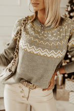 Load image into Gallery viewer, Gray Geometric Pattern Ribbed Round Neck Sweater
