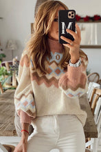 Load image into Gallery viewer, Khaki Geometric Pattern Ribbed Trim High Neck Sweater