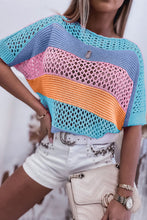 Load image into Gallery viewer, Knitted Eyelet Colorblock Striped Half Sleeves Top