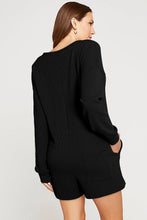 Load image into Gallery viewer, Black Brushed Ribbed Button Split V Neck Long Sleeve Romper