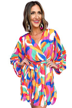Load image into Gallery viewer, Multicolor Abstract Printed Belted Puff Sleeve Mini Dress
