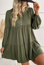 Load image into Gallery viewer, Green Lace Puff Sleeve Buttoned Tiered Ruffled Mini Dress