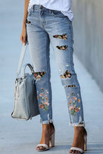 Load image into Gallery viewer, Printed Patch Ripped Skinny Jeans
