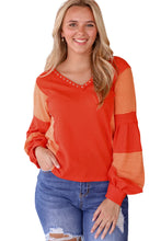 Load image into Gallery viewer, Red Studded V Neckline Exposed Seam Textured Knit Top