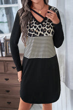 Load image into Gallery viewer, Black Leopard Striped Patchwork Long Sleeve T-Shirt Dress
