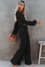 Load image into Gallery viewer, Black Corded Cropped Pullover and Wide Leg Pants Set