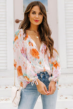 Load image into Gallery viewer, Multicolor Abstract Print Split Neck Puff Sleeve Blouse