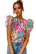 Load image into Gallery viewer, Multicolor Vibrant Floral Print Trimmed Ruffle Sleeve Blouse