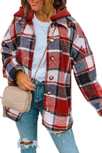 Load image into Gallery viewer, Red Hooded Plaid Button Front Shacket