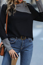 Load image into Gallery viewer, Black Waffle Knit Patchwork Colorblock Asymmetrical Neck Top