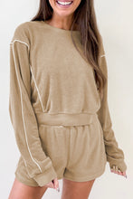 Load image into Gallery viewer, Khaki Piping Trim Long Sleeve Terry Shorts Set
