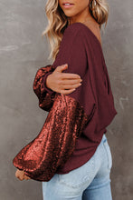 Load image into Gallery viewer, Biking Red Sequin Patchwork Sleeve Open Back Waffle Knit Top