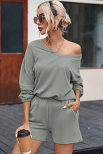 Load image into Gallery viewer, Grass Green Corded V Neck Slouchy Top Pocketed Shorts Set