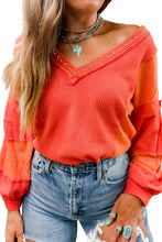 Load image into Gallery viewer, Red Studded V Neckline Exposed Seam Textured Knit Top