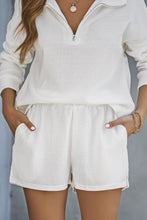 Load image into Gallery viewer, White Ribbed Zipper Sweatshirt and High Waist Shorts Set