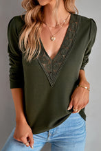 Load image into Gallery viewer, Green Lace Patchwork V Neck Waffle Knit Top