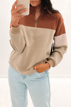 Load image into Gallery viewer, Khaki Color Block Zip Mock Neck Pocketed Sweatshirt
