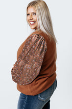 Load image into Gallery viewer, Brown Plus Size Printed Splicing Sleeve Ribbed Trim Sweater