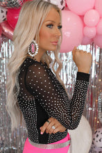Load image into Gallery viewer, Black Rhinestone Embellished Mesh Long Sleeve Bodysuit