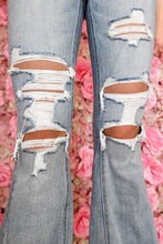 Load image into Gallery viewer, Light Wash Distressed High Rise Flare Jeans