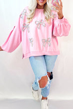 Load image into Gallery viewer, Light Pink Embroidered Bow Lantern Sleeve Oversized Pullover Sweatshirt