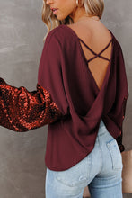Load image into Gallery viewer, Biking Red Sequin Patchwork Sleeve Open Back Waffle Knit Top