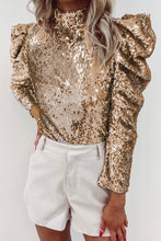 Load image into Gallery viewer, Apricot Sequin Mock Neck Bubble Sleeve Top
