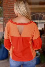 Load image into Gallery viewer, Red Studded V Neckline Exposed Seam Textured Knit Top