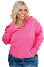 Load image into Gallery viewer, Rose Solid Ribbed Trim Plus Size Zip Collar Sweater