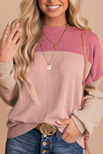Load image into Gallery viewer, Pink Color Block Long Sleeve Ribbed Loose Top
