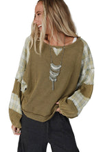 Load image into Gallery viewer, Plaid Patch Waffle Knit Exposed Seam Bubble Sleeve Top