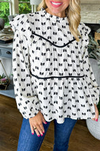 Load image into Gallery viewer, White Bow Knot Print Piping Trim Ruffled Crew Neck Blouse