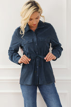 Load image into Gallery viewer, Blue Corduroy Cinched Aztec Back Jacket