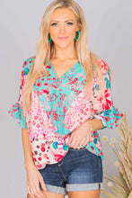 Load image into Gallery viewer, Multicolor Leopard Floral Mixed Print Ruffle Sleeve Surplice Blouse