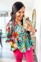 Load image into Gallery viewer, Multicolor Floral Tie Split Neck Plus Size Peplum Blouse