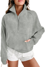 Load image into Gallery viewer, Gray Zip Up Stand Collar Ribbed Thumbhole Sleeve Sweatshirt