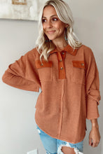 Load image into Gallery viewer, Waffle Knit Button Contrast Trim Long Sleeve Top
