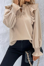 Load image into Gallery viewer, Khaki Ruffled Lace up Bubble Sleeve Blouse