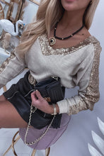 Load image into Gallery viewer, Khaki Sequin Patchwork V Neck Long Sleeve Top