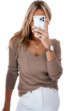 Load image into Gallery viewer, Khaki Ribbed Knit Patched Chest Pocket V Neck Top