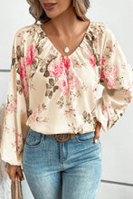Load image into Gallery viewer, Beige Floral Print Lantern Sleeve V-Neck Blouse