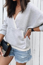 Load image into Gallery viewer, Gray Contrast Trim V Neck Wrap Sweatshirt with Pocket